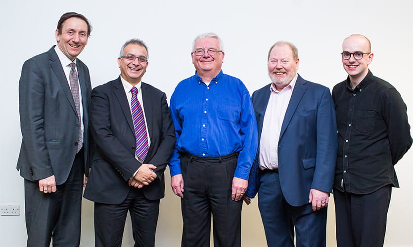 Ramsey Campbell posing with LJMU staff members