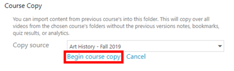 Location of 'Begin course copy' highlighted
