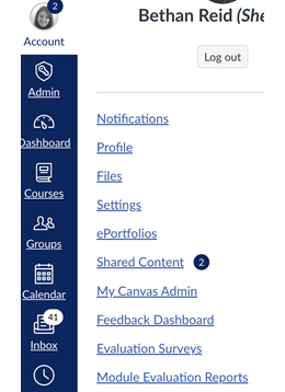 Access 'my canvas admin' via the 'acount' section in the Canvas main menu