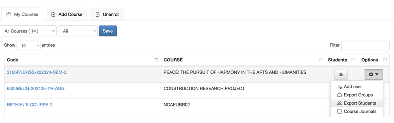 Click on the cog next to the course you would like to export, and then select 'export students' from the menu