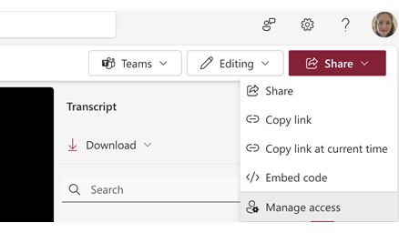 Click share on one of your Teams videos and then select 'manage' access